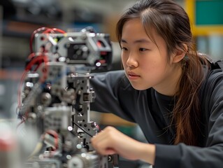 Focused Female Student Involved in Hands on STEM Activity Building Robotic Prototype