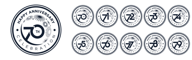 set of 70 to 79th anniversary logotype design, with black color fireworks for celebration event, wedding, and birthday, vector illustration