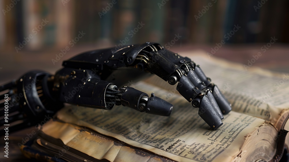 Aufkleber Real robots hand with ancient Bible book Concepts of artificial intelligence development and machine learning : Generative AI