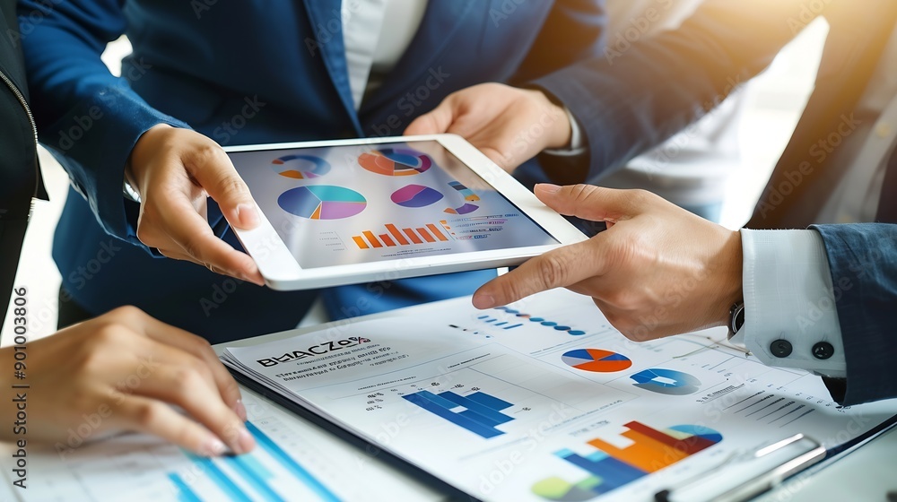 Poster Business team using tablet and laptop analyzing sales data economic growth graph chart Business planning and strategy Financial report market research digital marketing business data a : Generative AI