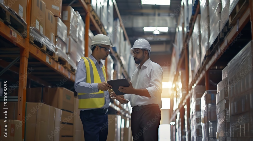 Leinwandbilder men tablet and inspection for stock in warehouse with teamwork inventory check and logistics busines