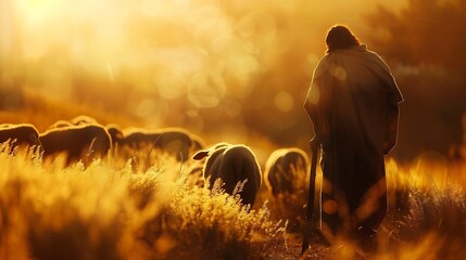 Shepherd Jesus Christ leading the sheep and praying to God and in the field bright sun light and...