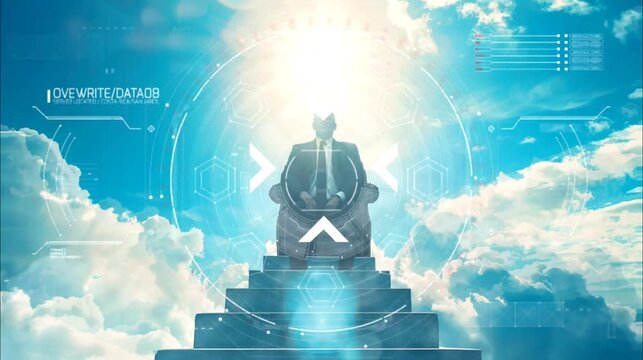 Businessman in suit sitting on throne in sky with a futuristic digital interface overlay. Seamless looping time lapse 4k video animation background