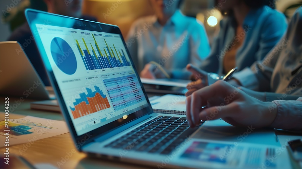 Fototapete Advice teamwork and people at laptop with graphs charts or data analysis for business growth Research stats and collaboration at computer for sales development profit or finance budget : Generative AI