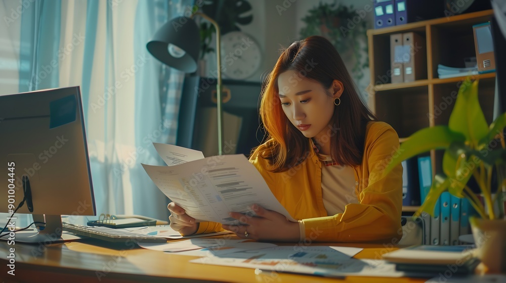 Poster documents business woman and accountant reading report for information financial data or analysis pa