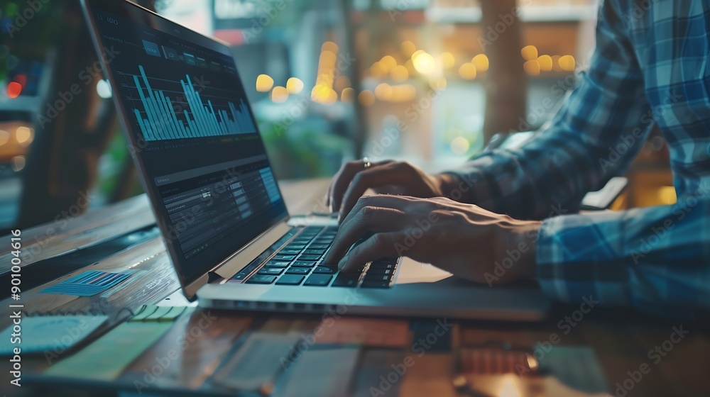 Aufkleber businessman using laptop computer analyzing sales data and financial report business growth graph ch