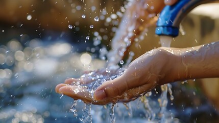 Fototapeta premium Hand under flowing water from blue outdoor faucet highlighting freshness and clean water in a natural setting : Generative AI