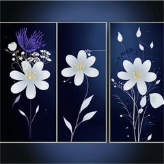 
A set of three posters with beautiful white flowers on a dark blue background for wall design in the hallway, living room, hall