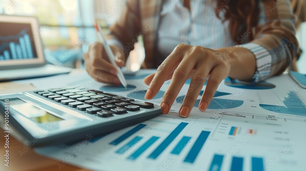 Poster finance banking and investment asset allocation budget management business woman calculating financi