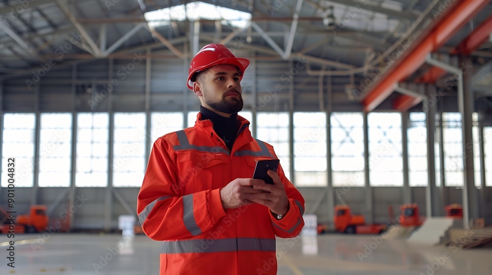 Fototapete Man builder Architect of industrial buildings Construction engineer stands in empty hangar Architect uses internet on his phone Builder of industrial buildings Man engineer in work uni : Generative AI