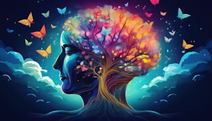  Imaginative  images, Birds, flying particles, brain tree, mind concept images, neon lights background,