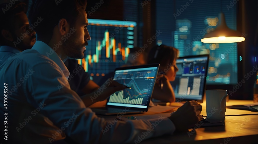 Poster team laptop and business people in office at night with stock market charts for corporate investment