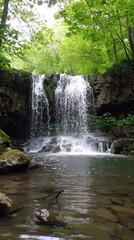 A majestic waterfall cascading down a moss-covered cliff into a crystal-clear pool below, surrounded by lush greenery and misty spray