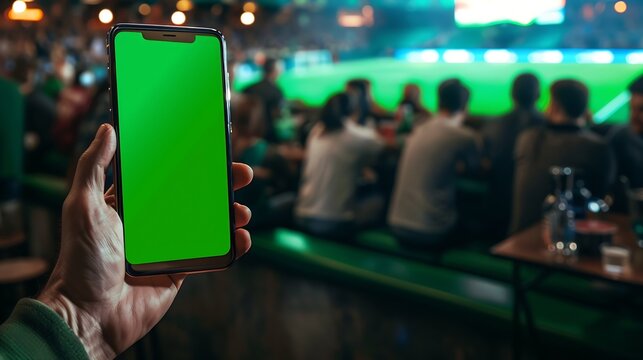 Capturing a moment in a sports bar this image features a hand holding a smartphone with a green screen with a lively crowd watching a soccer match in the background Ideal for sports ap : Generative AI