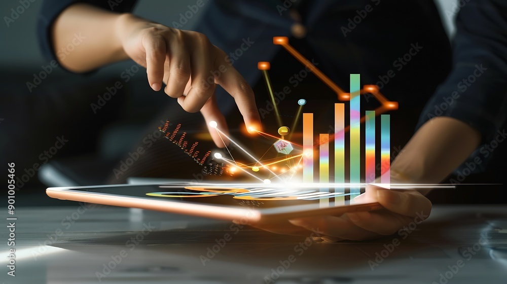 Fototapete Business 2025 analytics tools charts and graphs with statistics to analyze business potential and forecast future development of companies growth Businessman using a tablet : Generative AI
