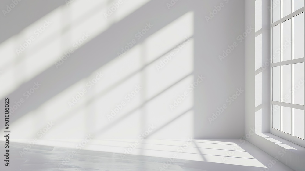 Poster Minimal abstract light gray background for product presentation Soft shadow and light from windows on white wall : Generative AI