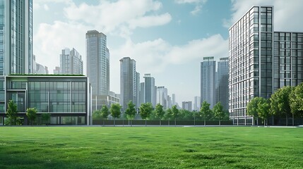 Fototapeta premium Modern urban business buildings behind lawn : Generative AI