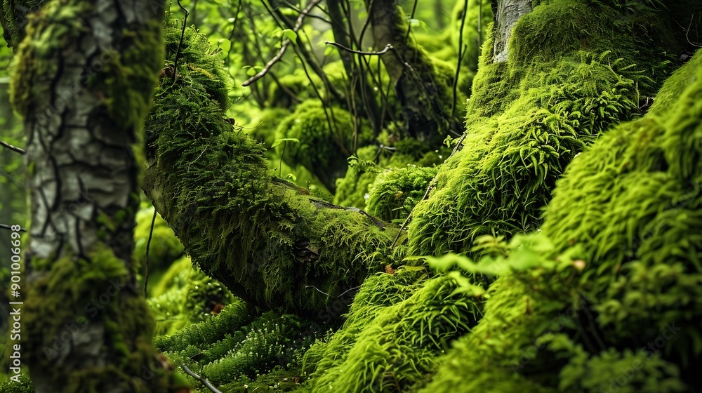 Aufkleber close up lush green moss envelops the trees in the mystical woods of torla in ordesa national park s