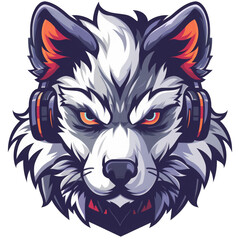 Fototapeta premium Digital Cartoon: Intense White Wolf with Headphones