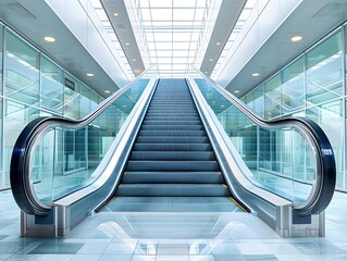 Fototapeta premium Modern Escalator in Bright and Spacious Glass Corridor