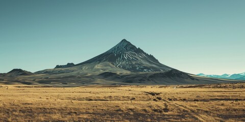 Fototapeta premium A breathtaking landscape showcasing a snow-capped mountain surrounded by vast grassy plains under a clear, serene sky, generative ai