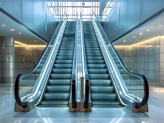 Fototapeta premium Empty Escalator in Modern Glass and Steel Building Interior