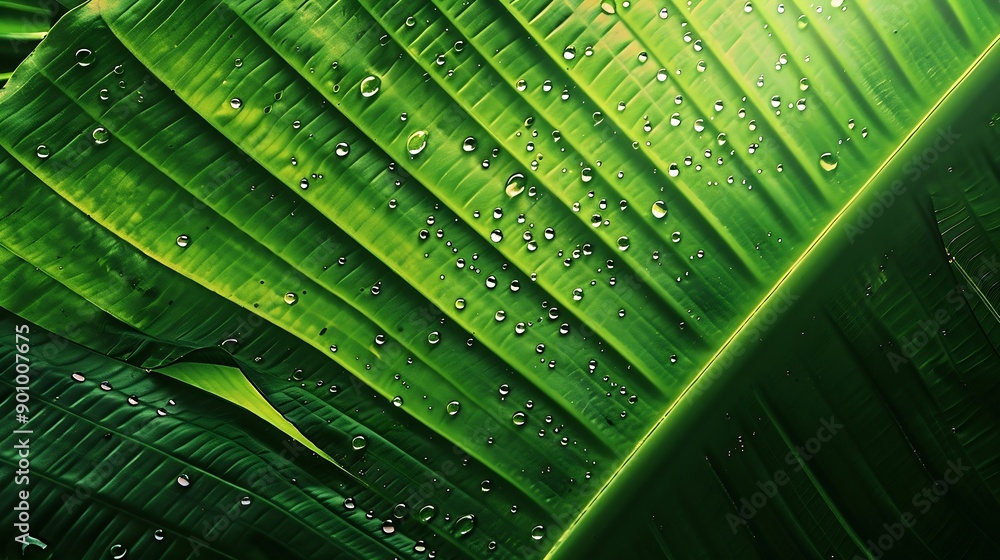 Poster closeup of green banana leaf background with details of a leafcovered in water droplets macro vibran