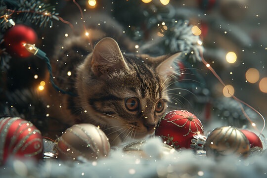 Mischievous Cat Nestled in a Christmas Tree