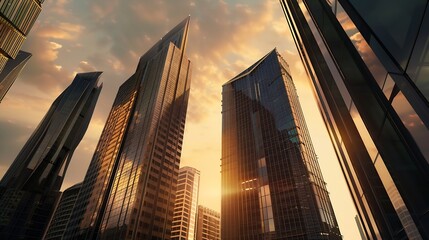 Sunset over large buildings equipped with the latest technology King Abdullah Financial District in the capital Riyadh Saudi Arabia : Generative AI