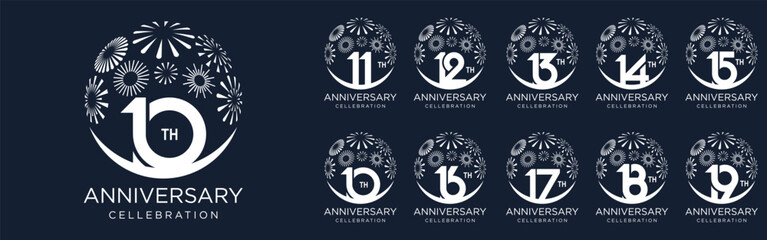 set of 10 to 19th anniversary logotype design, with white color fireworks for celebration event, wedding, and birthday, vector illustration