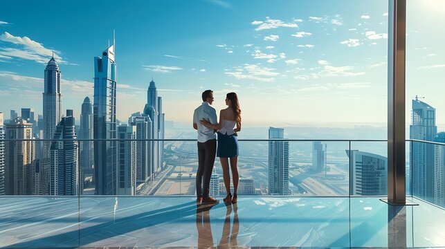 A happy tourist couple on vacation time stands on a balcony and enjoys the panoramic view of the Dubai city skyline UAE : Generative AI