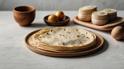 Stack of tasty flatbread on table, closeup. Space for text
