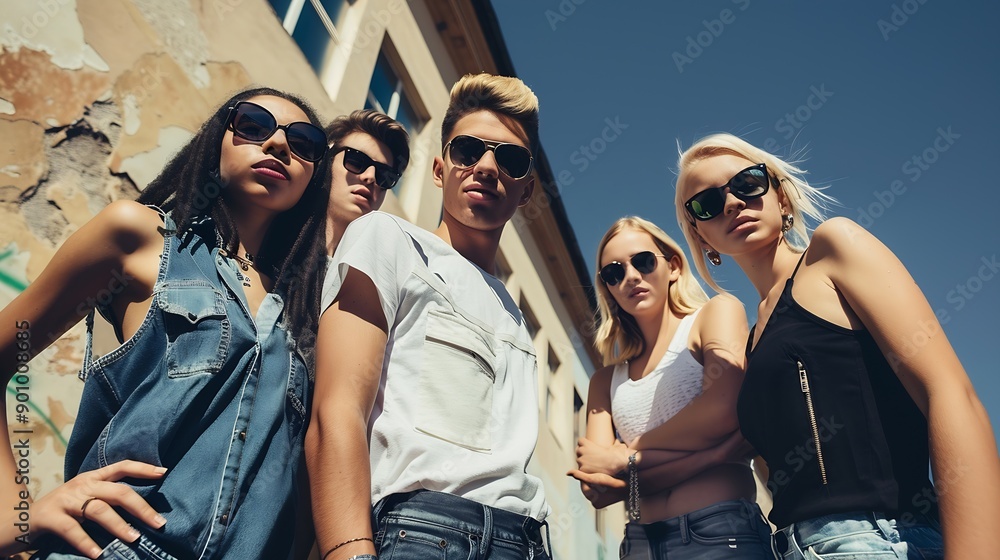 Wall mural City fashion and portrait of model friends outdoor in summer for cool edgy or trendy style together Diversity face or serious with teen man and woman group in urban town for street cul : Generative AI