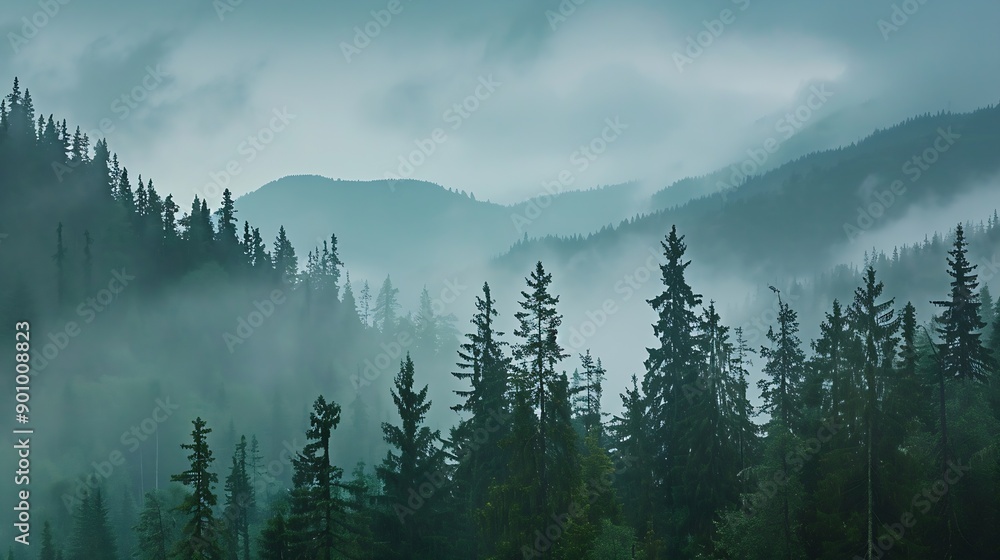 Poster misty spruce forest with low clouds in mountains natural background and atmospheric weather conditio
