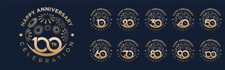 set of 10 to 100th anniversary logotype design, with golden fireworks for celebration event, wedding, and birthday, vector illustration