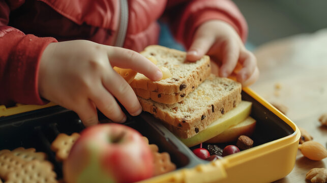 kid eating sandwitch, lunch box filled with two chocolate cookie, sandwith and apple