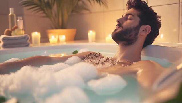 A young Caucasian man with dark hair relaxes in a bubble bath during nighttime. Surrounded by lit candles, he enjoys a serene and calming atmosphere. The man appears content and at ease, providing a