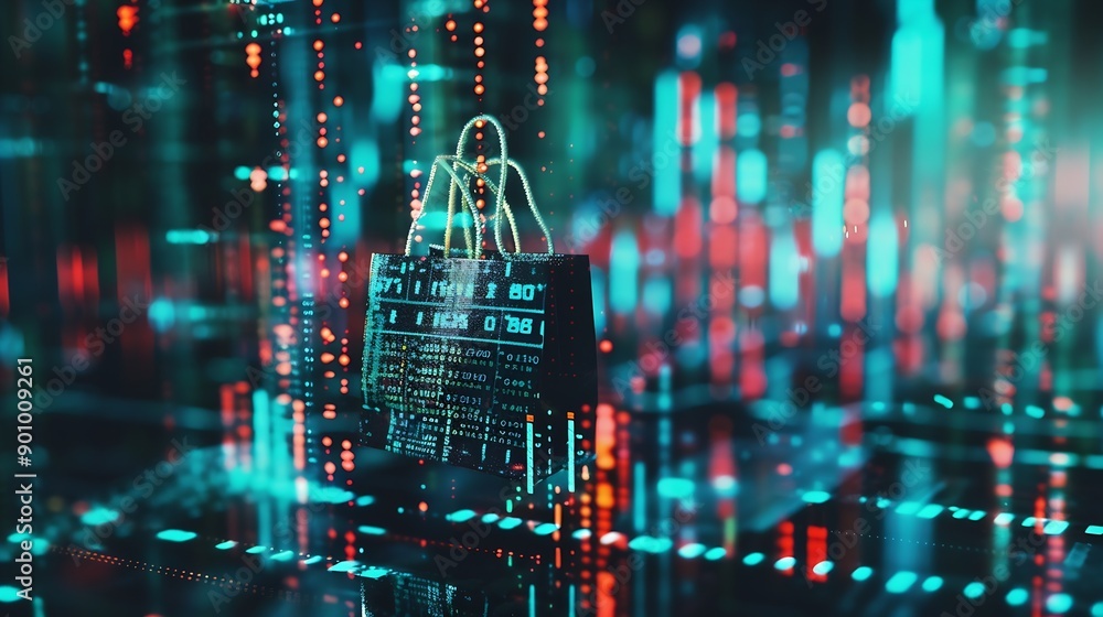 Aufkleber Image of financial data processing over shopping bag Global shopping business finance computing and data processing concept digitally generated image : Generative AI
