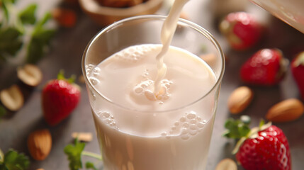 Pouring milk into glass, with stawberry and almond around