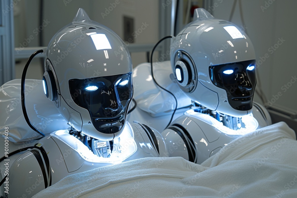Poster twin robots in a clinical environment highlighting advanced ai and medical robotics