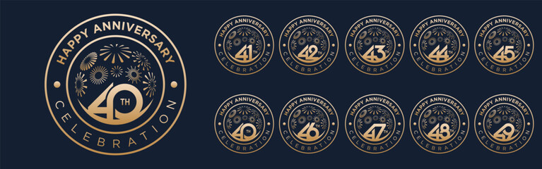 set of 40 to 49th anniversary logotype design, with golden fireworks for celebration event, wedding, and birthday, vector illustration