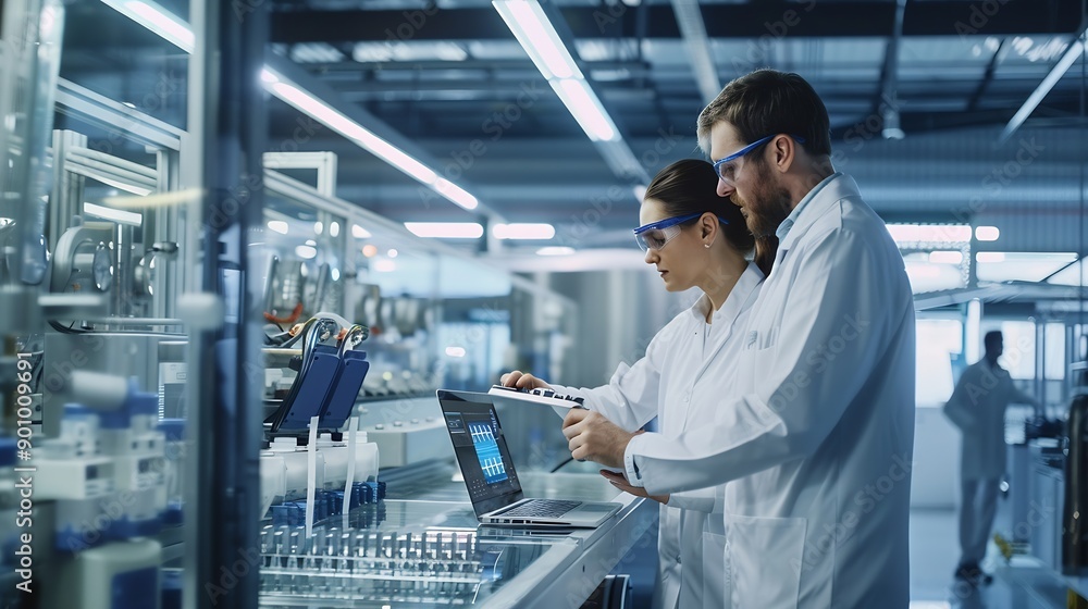 Poster experienced male and female engineers standing on a platform at a modern industrial factory using la