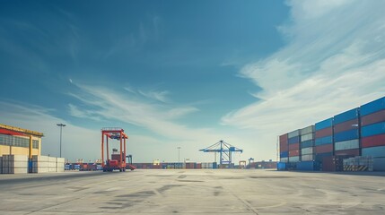 Obraz premium Container Export Logistic Crane Forklift Port Blue Sky Background Space Road Import Business Freight Logistic Transport Custom Industry Service Airplane Container Ship Truck Cargo Stac : Generative AI