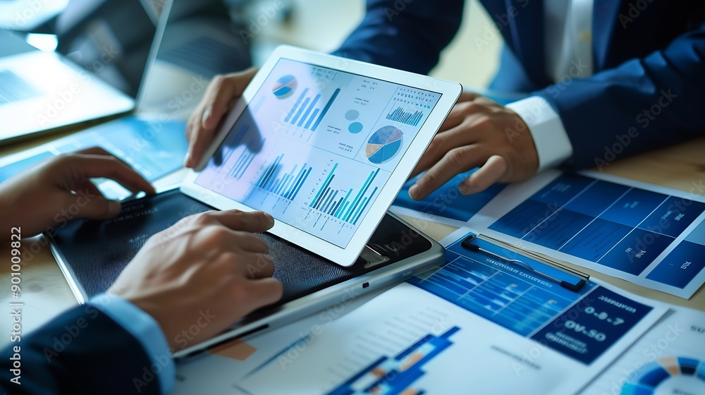 Aufkleber Business finance and investment concept Businessman using digital tablet analyzing and calculating financial data with economic graph growth chart Business strategy and planning market : Generative AI