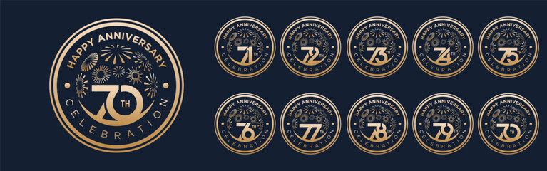 set of 70 to 79th anniversary logotype design, with golden fireworks for celebration event, wedding, and birthday, vector illustration