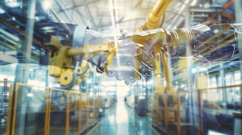 Leinwandbilder MLB Mechanized industry robot arm and business handshake double exposure Concept of successful agreement of artificial intelligence for industrial revolution and automation process in  : Generative AI