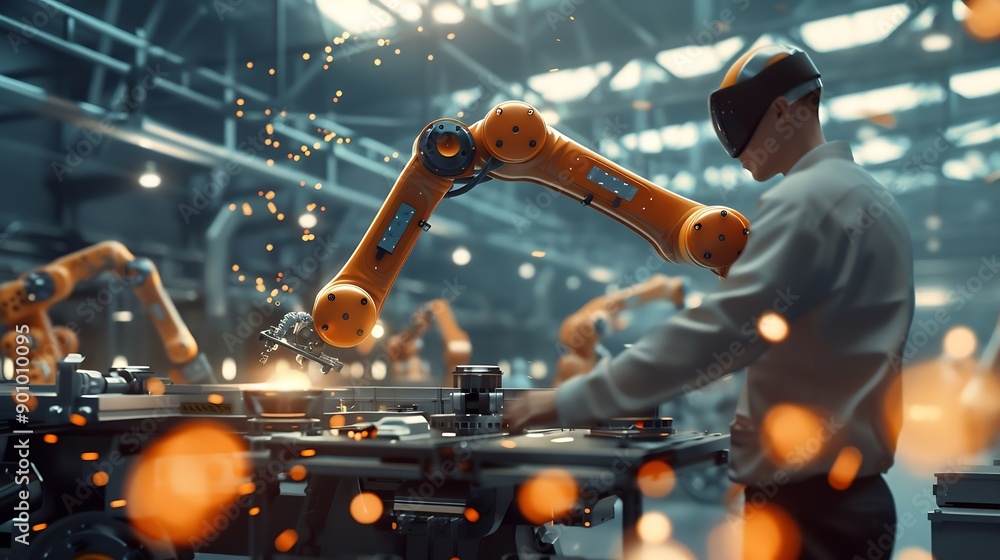 Aufkleber Industry 40 Engineer use monitoring system software and record data of ai robotics automatic arms machine working on network in intelligent factory Ai Machine learning Digital manufact : Generative AI