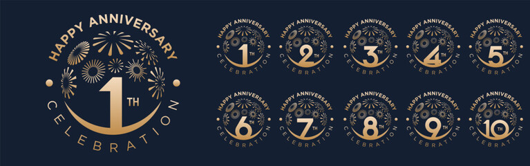 set of 1 to 10th anniversary logotype design, with golden fireworks for celebration event, wedding, and birthday, vector illustration
