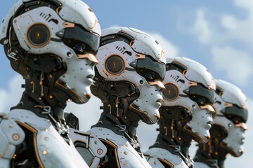 Fototapeta premium Line of Humanoid Robots in an Outdoor Setting Representing Advanced Robotics and AI Technology