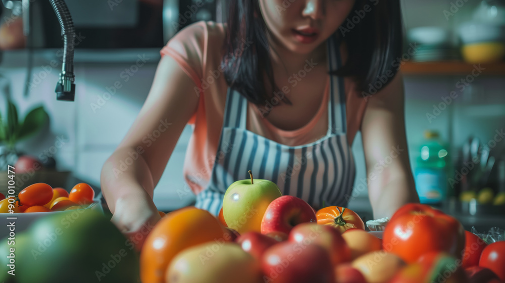 Sticker asian woman arranging fruits in the kitchen